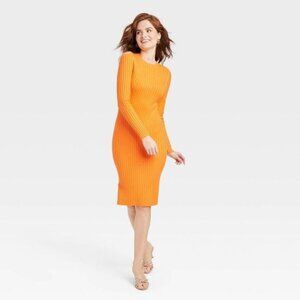 NWT Fall/Autumn Orange Ribbed Knit Long Sleeve Cold Shoulder Sweater Dress (L)
